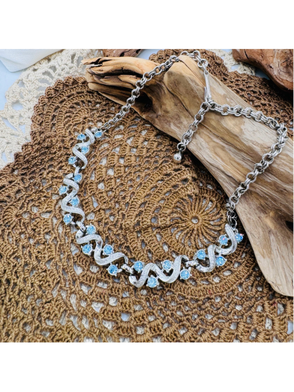 Coro Vintage Silver Tone Blue Rhinestone Swirl Statement Necklace